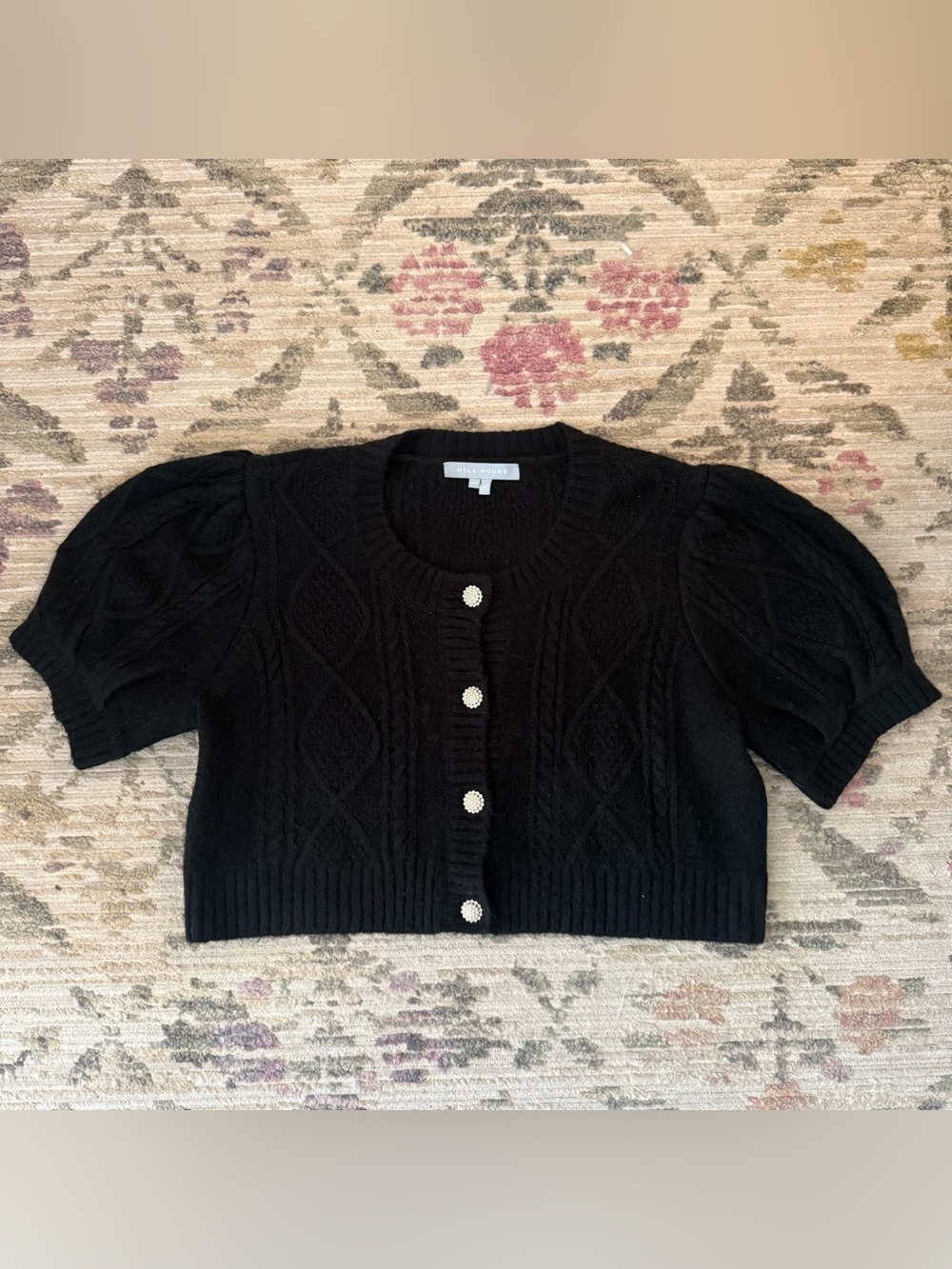 Hill House Ollie Sweater Black Puff Sleeve Cropped Cable-knit Cardigan XXL